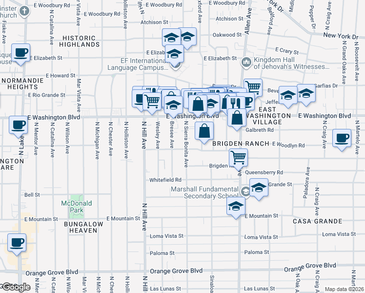 map of restaurants, bars, coffee shops, grocery stores, and more near 1215 North Sierra Bonita Avenue in Pasadena