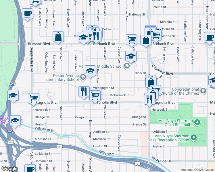 map of restaurants, bars, coffee shops, grocery stores, and more near 14751 Weddington Street in Los Angeles