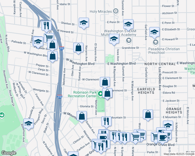 map of restaurants, bars, coffee shops, grocery stores, and more near 55 West Claremont Street in Pasadena