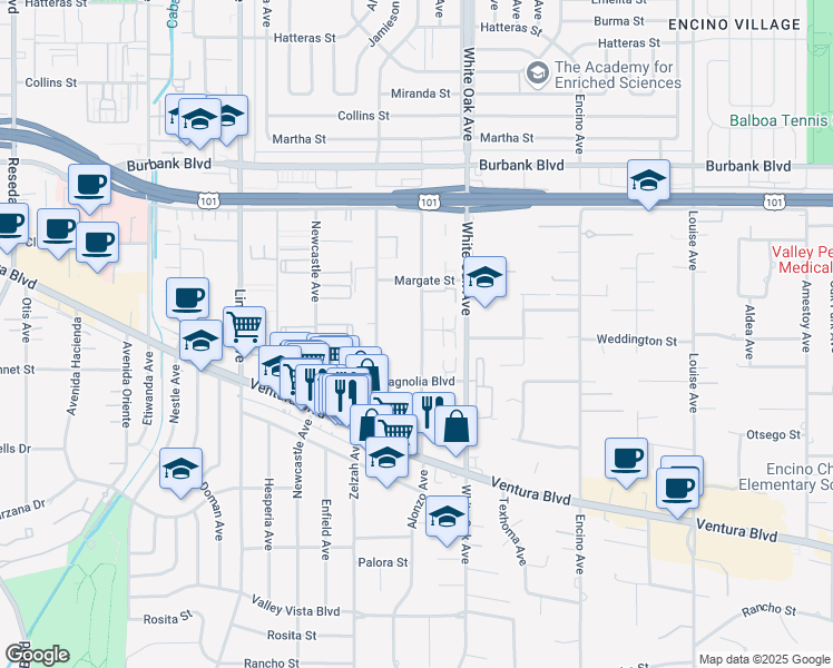 map of restaurants, bars, coffee shops, grocery stores, and more near 5301 Yarmouth Avenue in Los Angeles