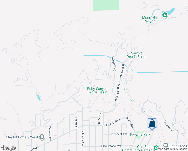 map of restaurants, bars, coffee shops, grocery stores, and more near 1088 Briarcliff Road in Monrovia