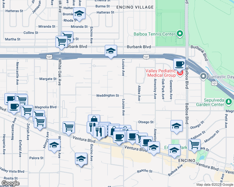 map of restaurants, bars, coffee shops, grocery stores, and more near 17319 Weddington Street in Los Angeles