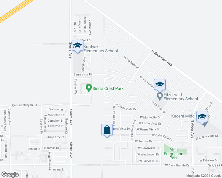 map of restaurants, bars, coffee shops, grocery stores, and more near 2832 West Plaza Serena Drive in Rialto