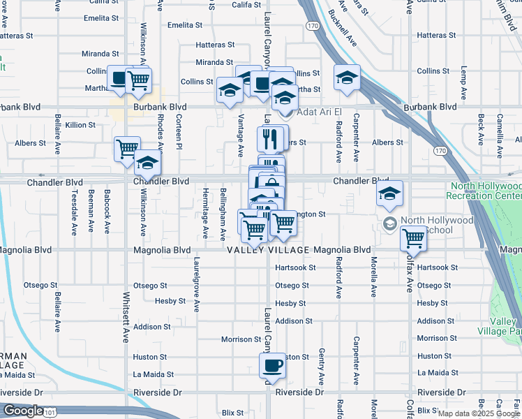 map of restaurants, bars, coffee shops, grocery stores, and more near 5304 Laurel Canyon Boulevard in Los Angeles