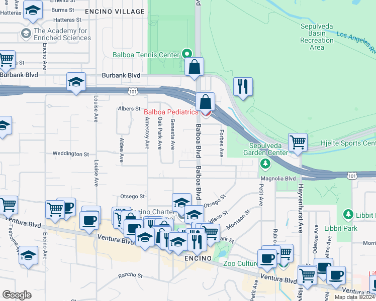 map of restaurants, bars, coffee shops, grocery stores, and more near 5301 Balboa Boulevard in Los Angeles