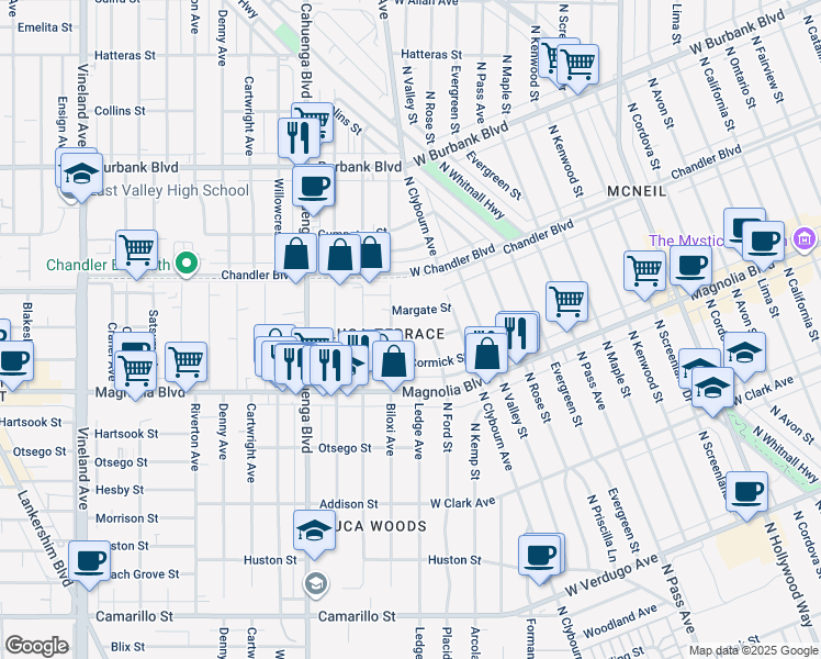 map of restaurants, bars, coffee shops, grocery stores, and more near 10411 Weddington Street in Los Angeles