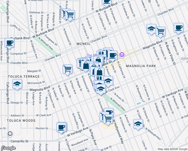 map of restaurants, bars, coffee shops, grocery stores, and more near 929 North Hollywood Way in Burbank
