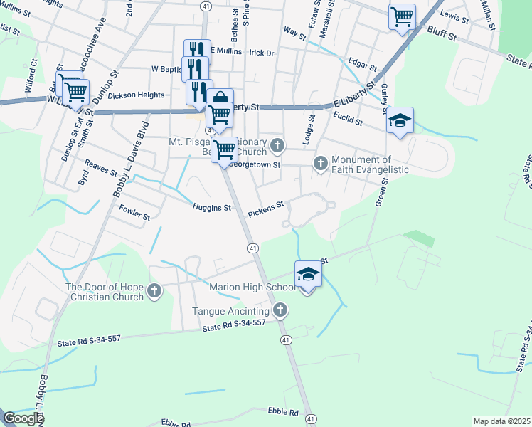 map of restaurants, bars, coffee shops, grocery stores, and more near 204 Pickens Street in Marion
