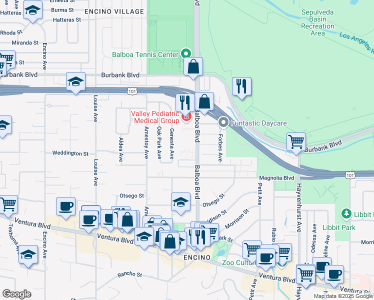 map of restaurants, bars, coffee shops, grocery stores, and more near 5301 Balboa Boulevard in Los Angeles