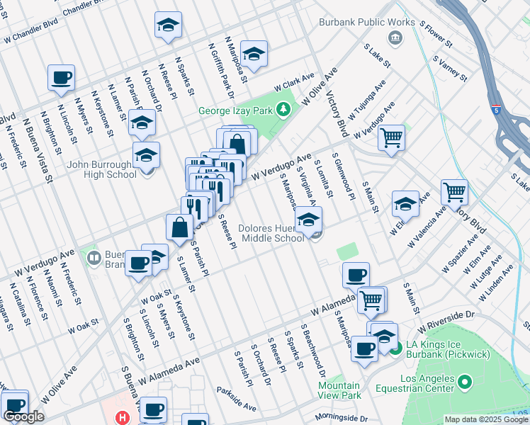 map of restaurants, bars, coffee shops, grocery stores, and more near 150 South Beachwood Drive in Burbank