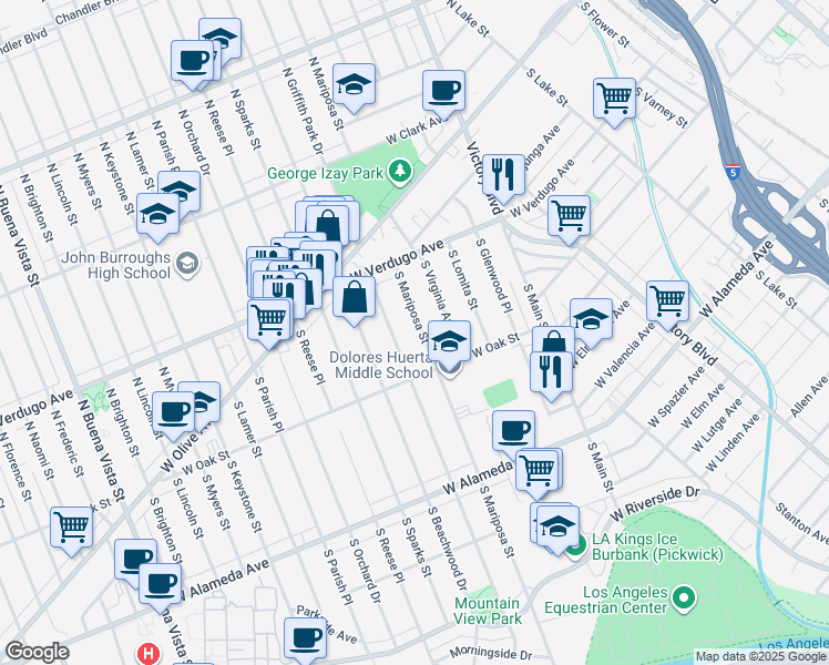 map of restaurants, bars, coffee shops, grocery stores, and more near 315 South Mariposa Street in Burbank