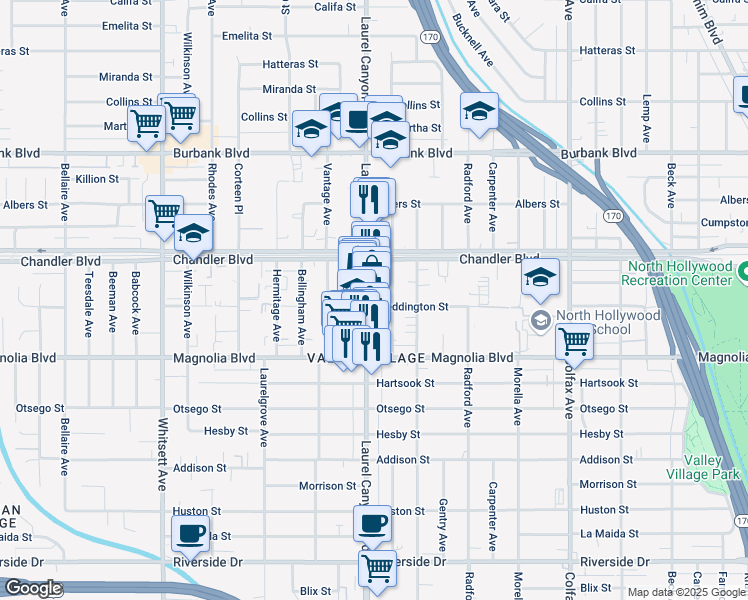 map of restaurants, bars, coffee shops, grocery stores, and more near 5304 Laurel Canyon Boulevard in Los Angeles