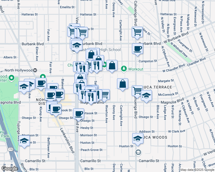 map of restaurants, bars, coffee shops, grocery stores, and more near 5309 Riverton Avenue in Los Angeles