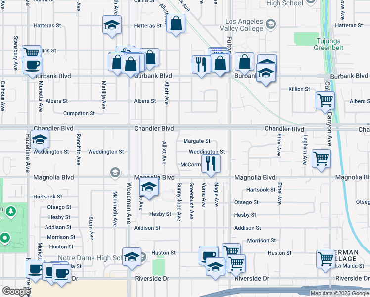 map of restaurants, bars, coffee shops, grocery stores, and more near 13453 Weddington Street in Los Angeles
