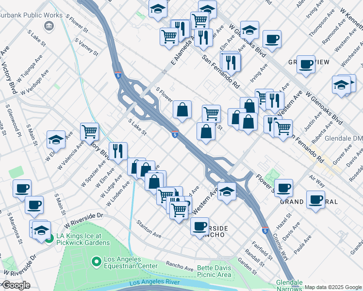 map of restaurants, bars, coffee shops, grocery stores, and more near 528 Allen Avenue in Glendale