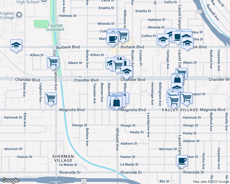 map of restaurants, bars, coffee shops, grocery stores, and more near 5309 Whitsett Avenue in Los Angeles