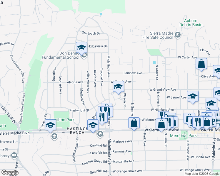 map of restaurants, bars, coffee shops, grocery stores, and more near 733 West Grand View Avenue in Sierra Madre