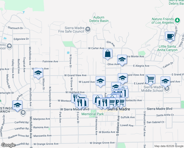 map of restaurants, bars, coffee shops, grocery stores, and more near 289 Toyon Road in Sierra Madre