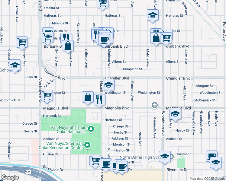 map of restaurants, bars, coffee shops, grocery stores, and more near 14015 Weddington Street in Los Angeles