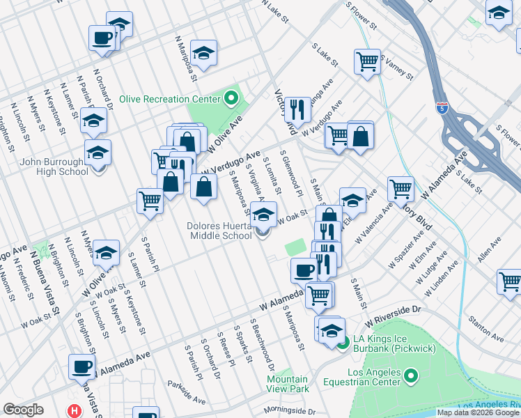 map of restaurants, bars, coffee shops, grocery stores, and more near 321 South Virginia Avenue in Burbank