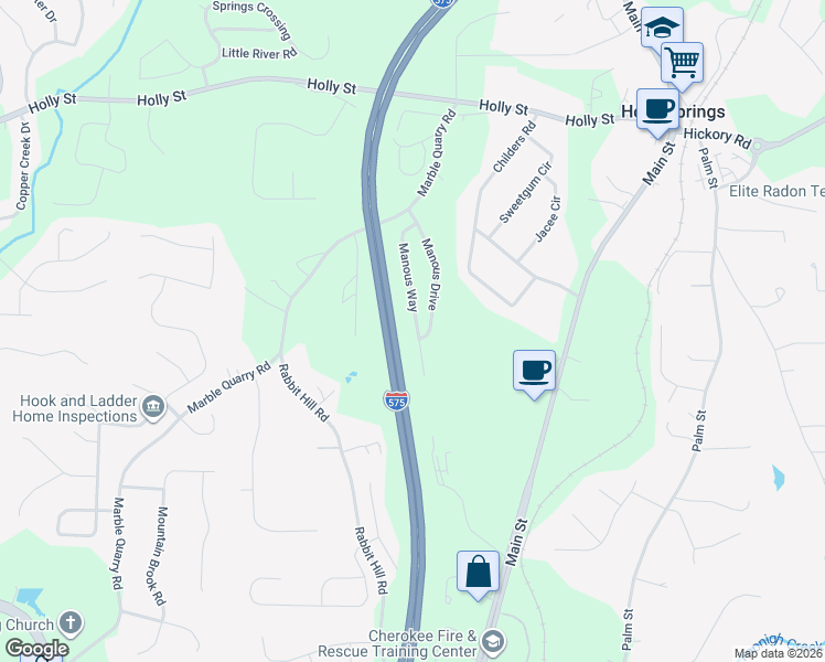 map of restaurants, bars, coffee shops, grocery stores, and more near 242 Manous Way in Canton