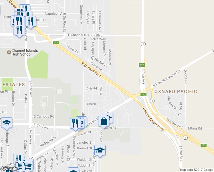 map of restaurants, bars, coffee shops, grocery stores, and more near 3620 Avocado Lane in Oxnard