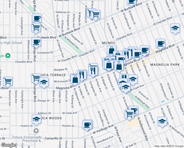 map of restaurants, bars, coffee shops, grocery stores, and more near 1015 North Pass Avenue in Burbank