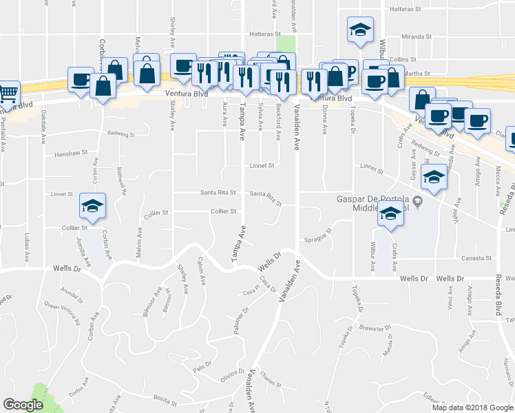 map of restaurants, bars, coffee shops, grocery stores, and more near 5301 Sylvia Avenue in Los Angeles