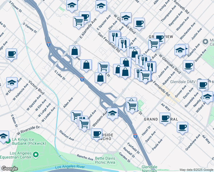 map of restaurants, bars, coffee shops, grocery stores, and more near 1800 Flower Street in Glendale