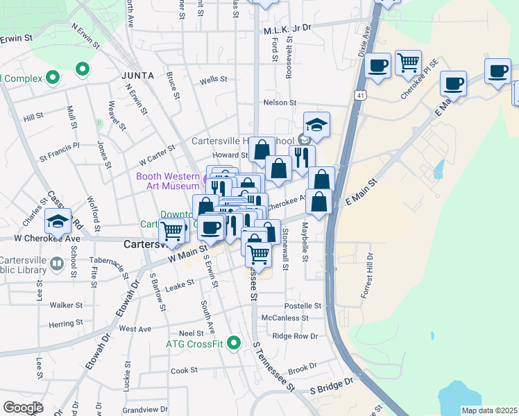 map of restaurants, bars, coffee shops, grocery stores, and more near 1 North Tennessee Street in Cartersville
