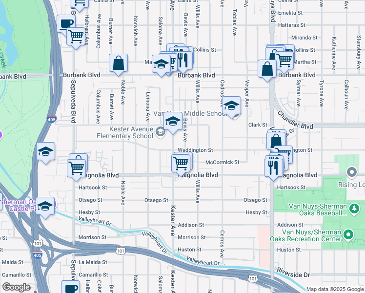 map of restaurants, bars, coffee shops, grocery stores, and more near 14835 Weddington Street in Los Angeles