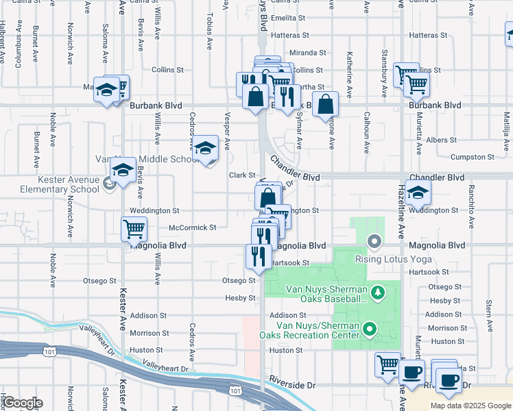 map of restaurants, bars, coffee shops, grocery stores, and more near 5303 Van Nuys Boulevard in Los Angeles