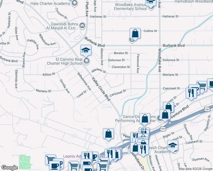 map of restaurants, bars, coffee shops, grocery stores, and more near 23521 Ladrillo Street in Los Angeles