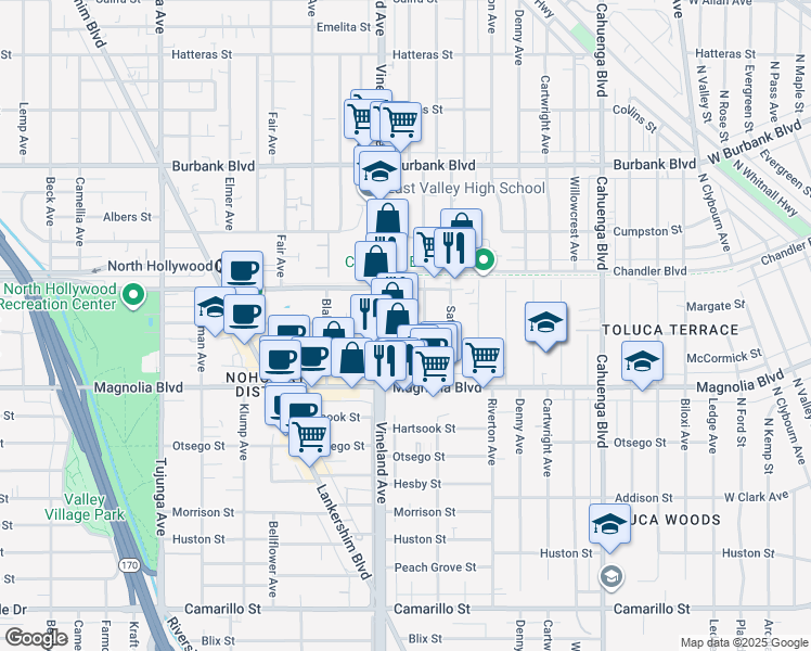 map of restaurants, bars, coffee shops, grocery stores, and more near 5271 Craner Avenue in Los Angeles