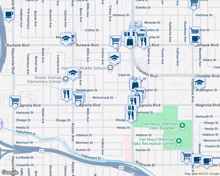 map of restaurants, bars, coffee shops, grocery stores, and more near 14633 Weddington Street in Los Angeles