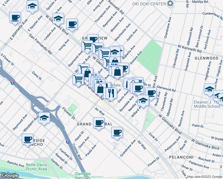 map of restaurants, bars, coffee shops, grocery stores, and more near 1034 Sonora Avenue in Glendale