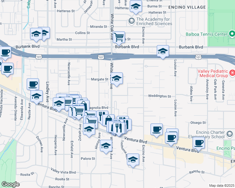 map of restaurants, bars, coffee shops, grocery stores, and more near 17635 Weddington Street in Los Angeles