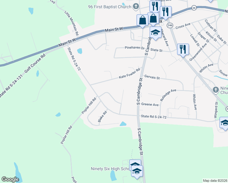 map of restaurants, bars, coffee shops, grocery stores, and more near 106 Dogwood Drive in Ninety Six