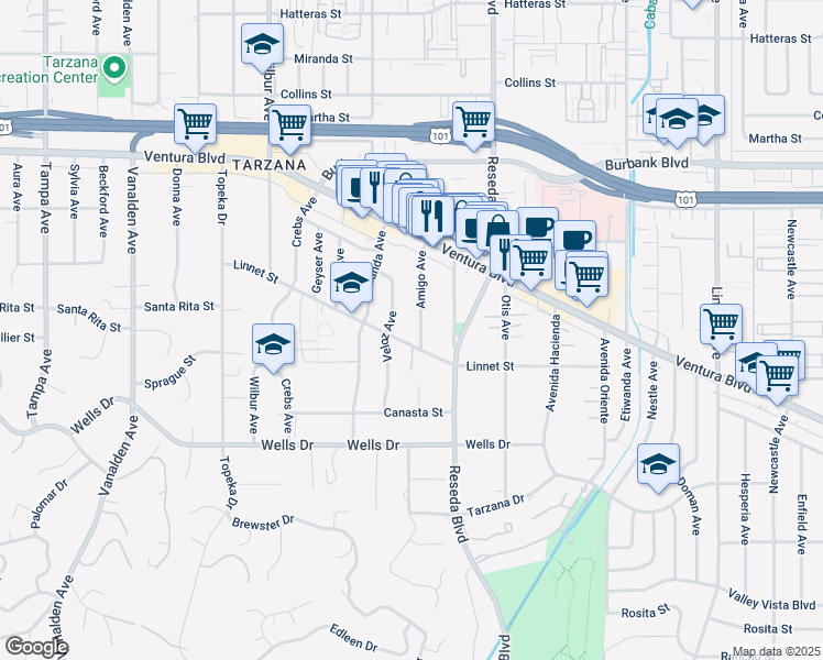 map of restaurants, bars, coffee shops, grocery stores, and more near 5321 Amigo Avenue in Los Angeles