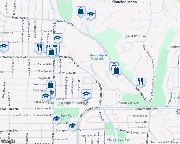 map of restaurants, bars, coffee shops, grocery stores, and more near 2811 Woodlyn Road in Pasadena