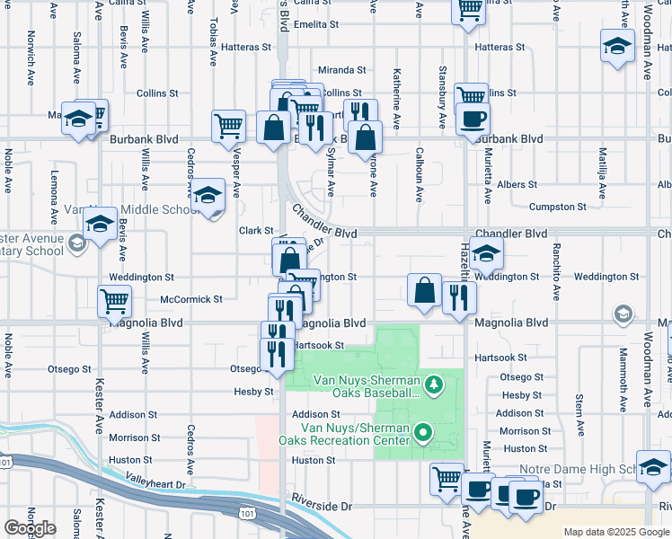 map of restaurants, bars, coffee shops, grocery stores, and more near 5304 Sylmar Avenue in Los Angeles