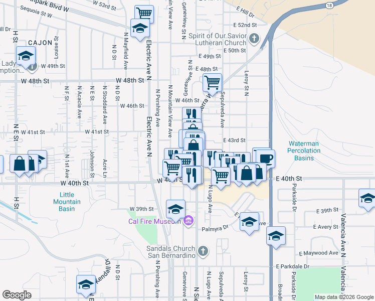 map of restaurants, bars, coffee shops, grocery stores, and more near 144 West 42nd Street in San Bernardino