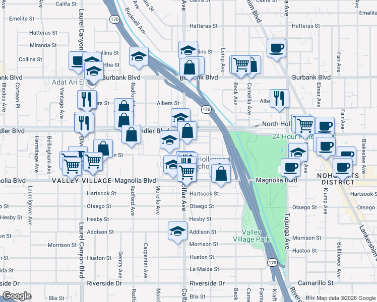 map of restaurants, bars, coffee shops, grocery stores, and more near 5302 Colfax Avenue in Los Angeles