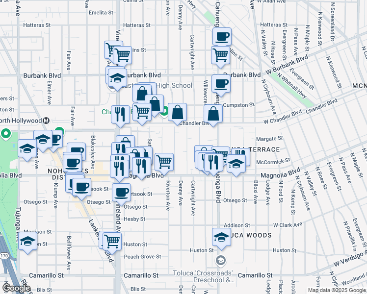 map of restaurants, bars, coffee shops, grocery stores, and more near 5317 Denny Avenue in Los Angeles