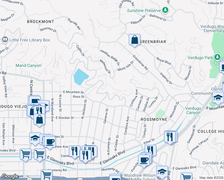 map of restaurants, bars, coffee shops, grocery stores, and more near 830 Harrington Road in Glendale