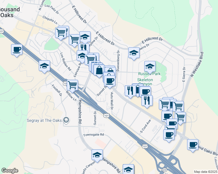 map of restaurants, bars, coffee shops, grocery stores, and more near 3275 Thousand Oaks Boulevard in Thousand Oaks