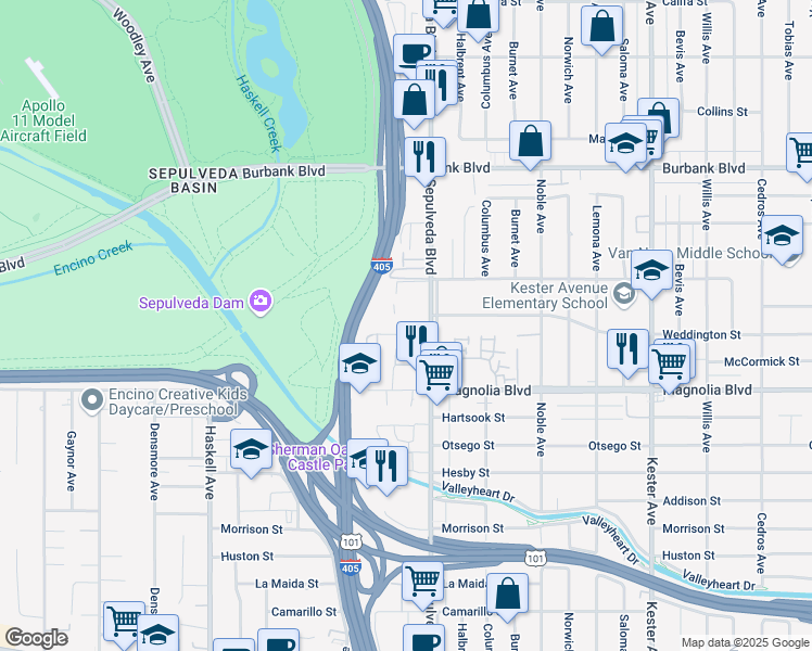 map of restaurants, bars, coffee shops, grocery stores, and more near 15323 Weddington Street in Los Angeles