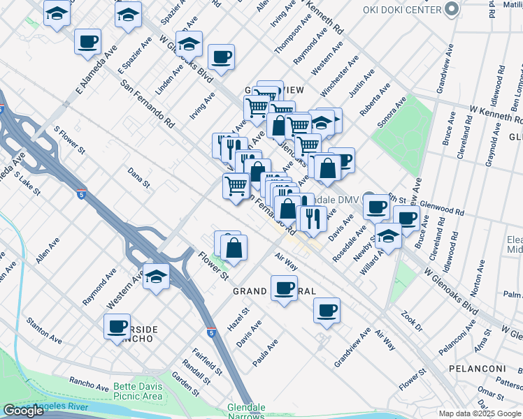 map of restaurants, bars, coffee shops, grocery stores, and more near 6439 San Fernando Road in Glendale