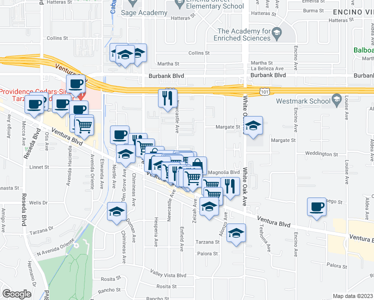 map of restaurants, bars, coffee shops, grocery stores, and more near 5300 Newcastle Avenue in Encino