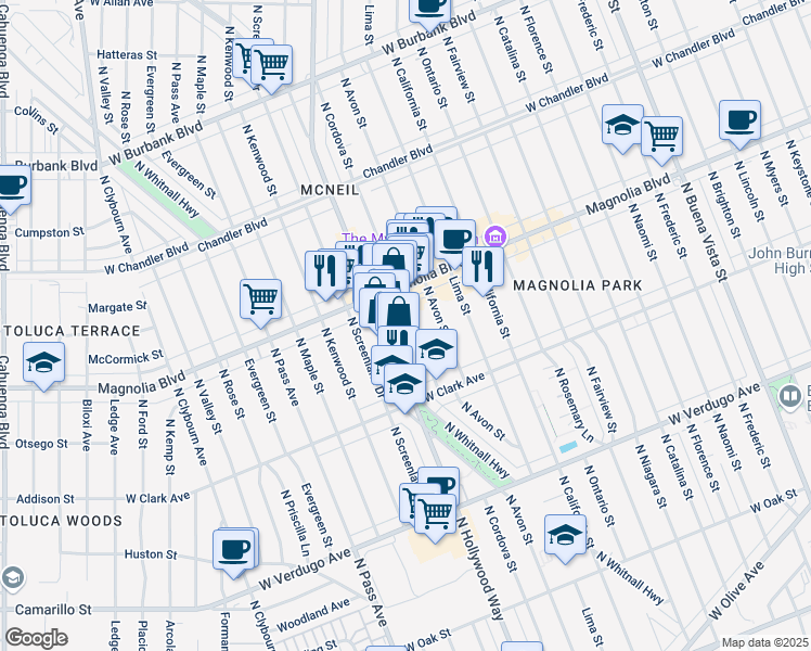 map of restaurants, bars, coffee shops, grocery stores, and more near 915 North Cordova Street in Burbank